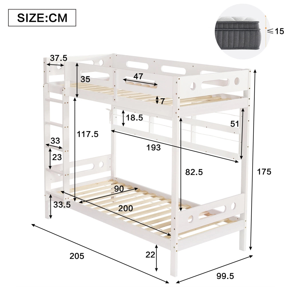 Letto a castello 90x200 cm con 2 cassetti, ripiani aperti e scala in pino e MDF