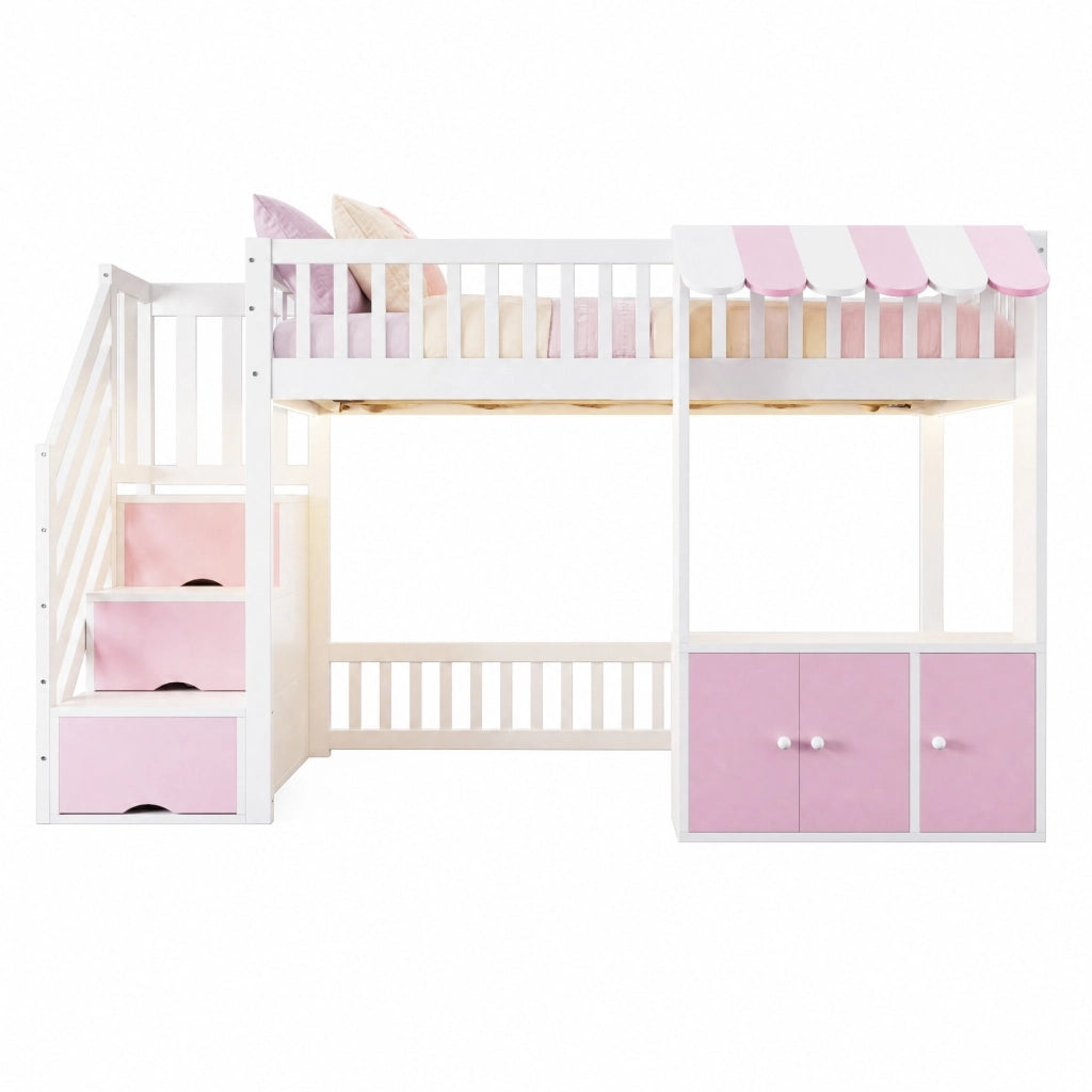Letto a soppalco singolo 90x200 cm con scala contenitore e luce LED; rosa e bianco