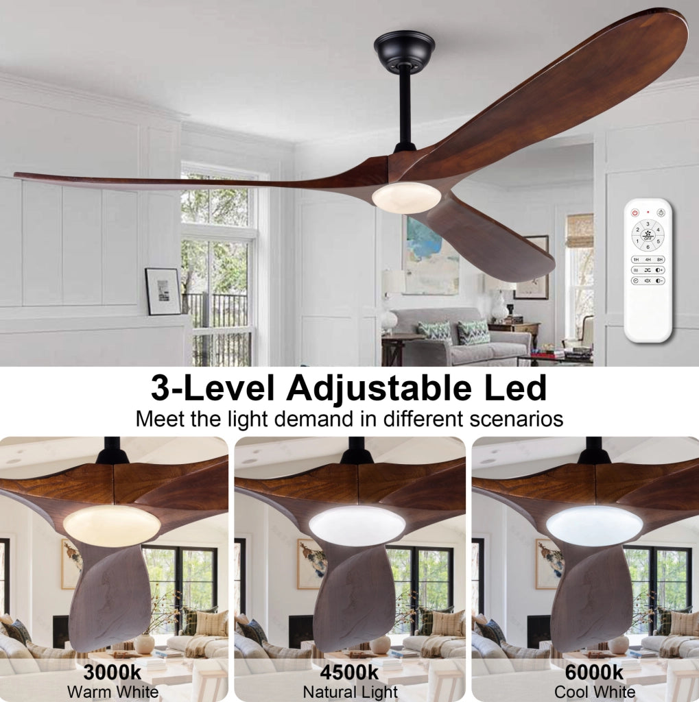 Ventilatore da soffitto 70'' con LED dimmerabile; 3 pale in legno massello; noce scuro e nero