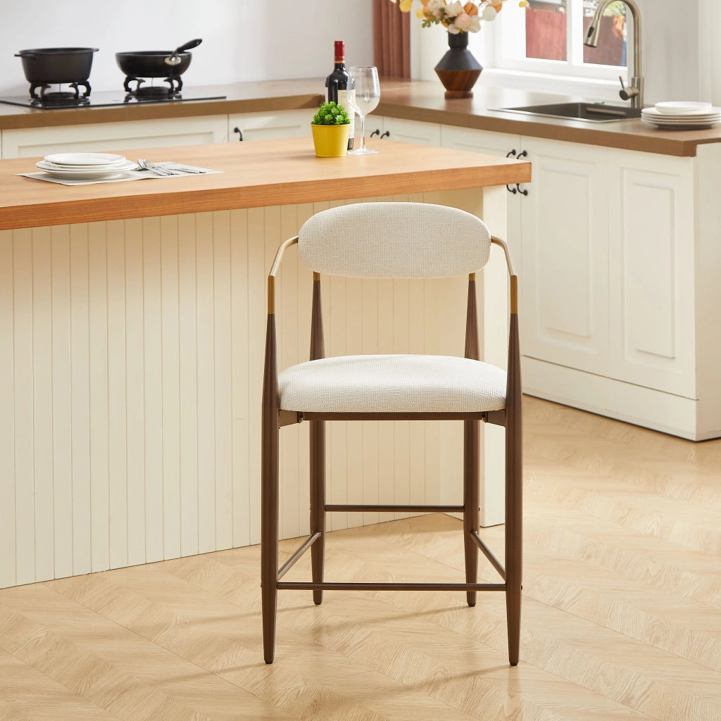 Sgabello da bar set di 2 con braccioli dorati e piedini regolabili, struttura in metallo e tessuto beige