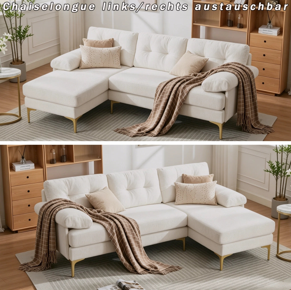 Divano angolare ULEVR 3 posti 187,5x130 cm con chaise longue reversibile, rivestimento in ciniglia beige