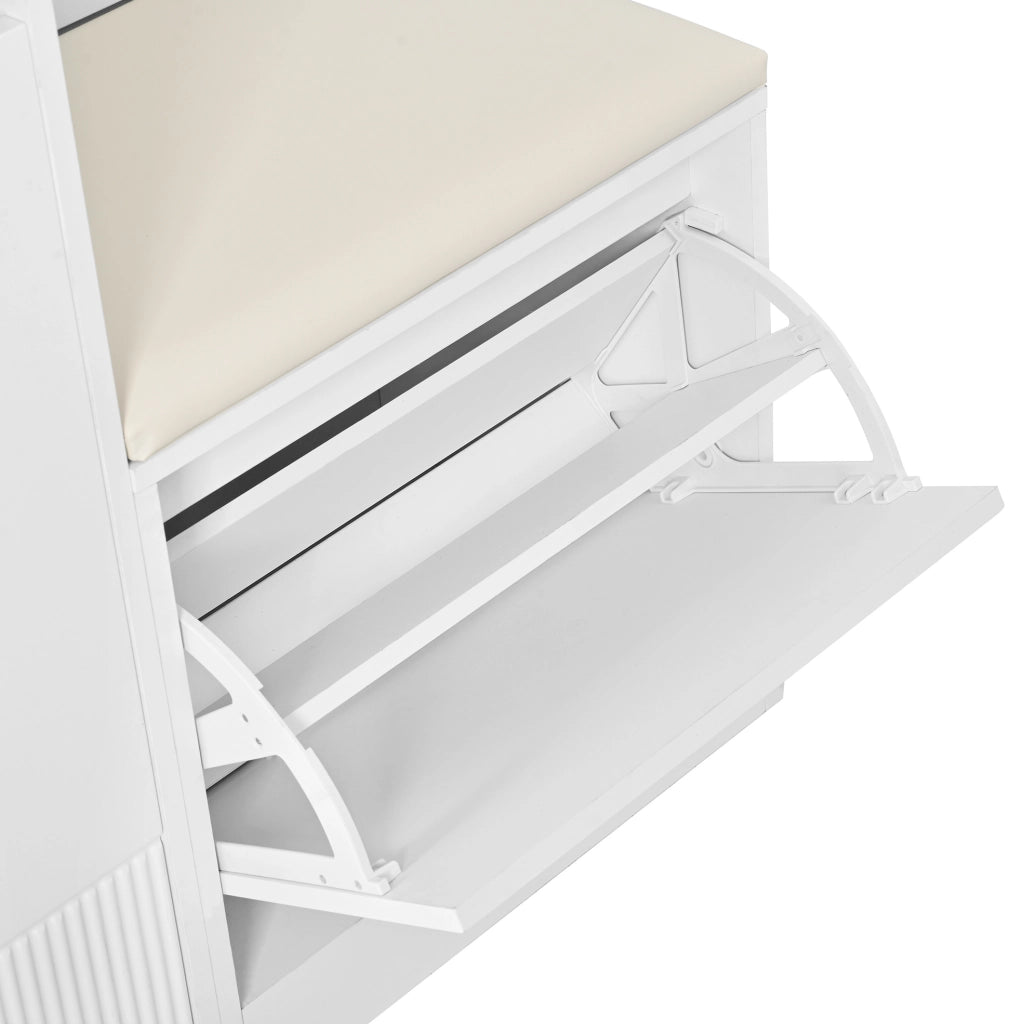 Garderoba compatta bianca con specchio, illuminazione LED e scarpiera integrata, 105x38x190 cm