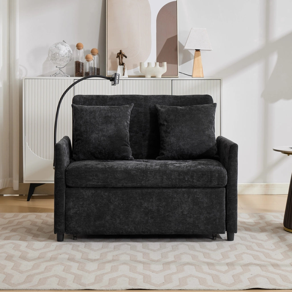 Divano per piccoli spazi in tessuto effetto lino spazzolato nero con porta USB e supporto tablet 83;5 × 109 × 72 cm