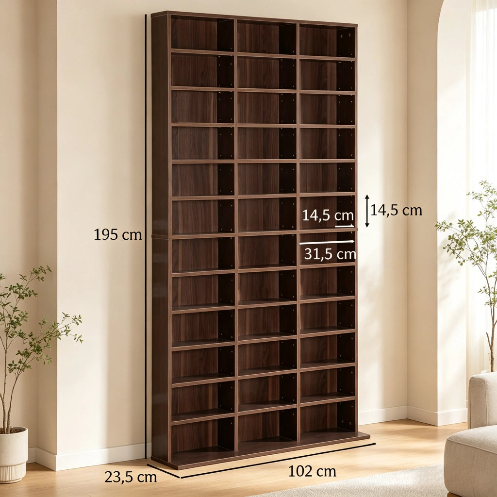 Scaffalatura porta CD e DVD con 36 vani e alcuni ripiani regolabili in MDF marrone 102 × 23.5 × 195 cm