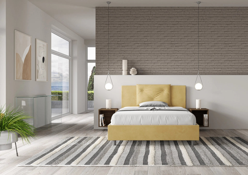 BS COM Letto una piazza e mezza con rete imbottito 130x200 microfibra ocra