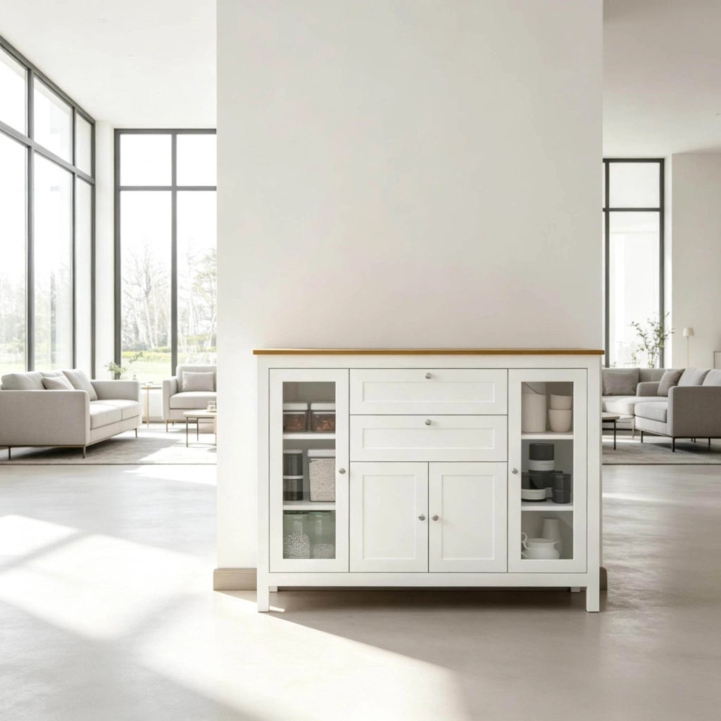 SIDEBOARD 120x40x90 cm in MDF Bianco e Legno Chiaro con 2 Cassetti
