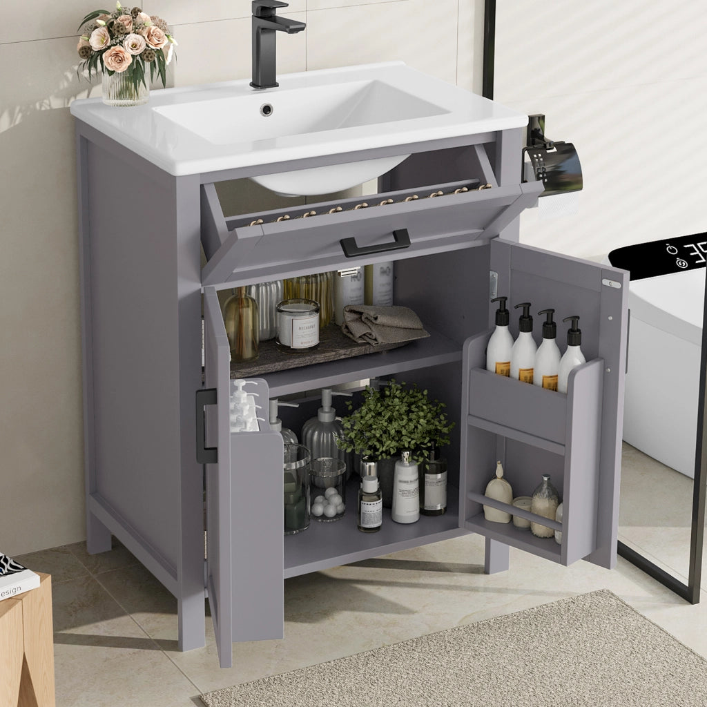 Mobile bagno da terra con lavabo in ceramica integrato, 60x46x84,8 cm, grigio, doppia anta, cassetti e ripiani regolabili