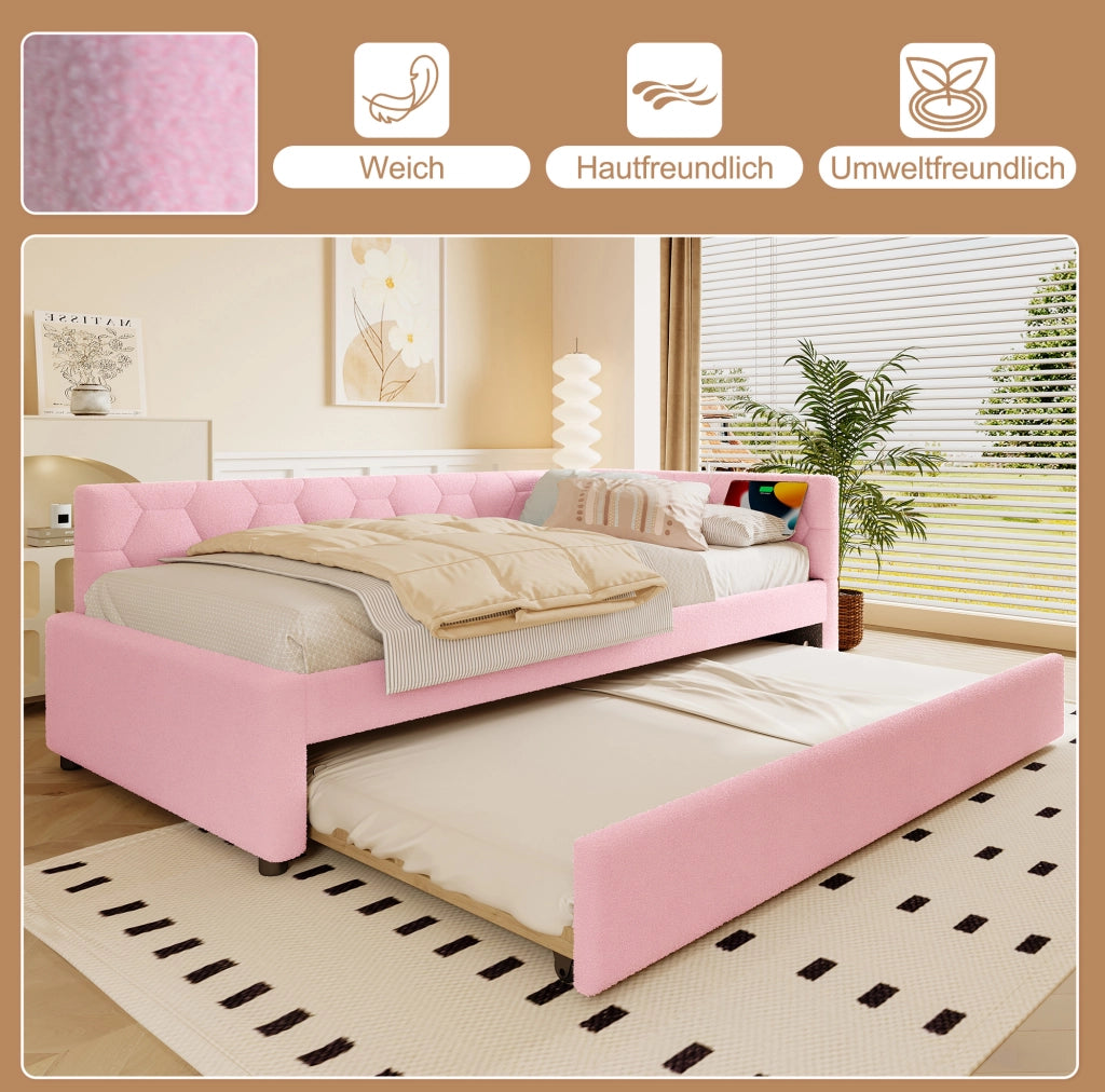 LETTO 90x200 cm in Bouclé Rosa con letto estraibile, USB e Tipo-C