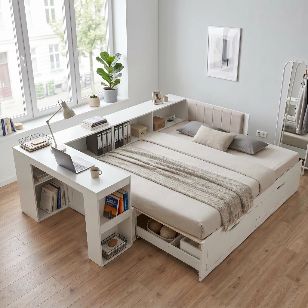 Letto extensible180 x 200 cm con scrivania integrata, cassetti e ripiani, divano letto in legno bianco con testiera imbottita