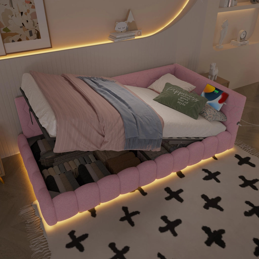 Letto da Giorno 90x200 cm in velluto con Contenitore Idraulico; LED; USB-C Rosa