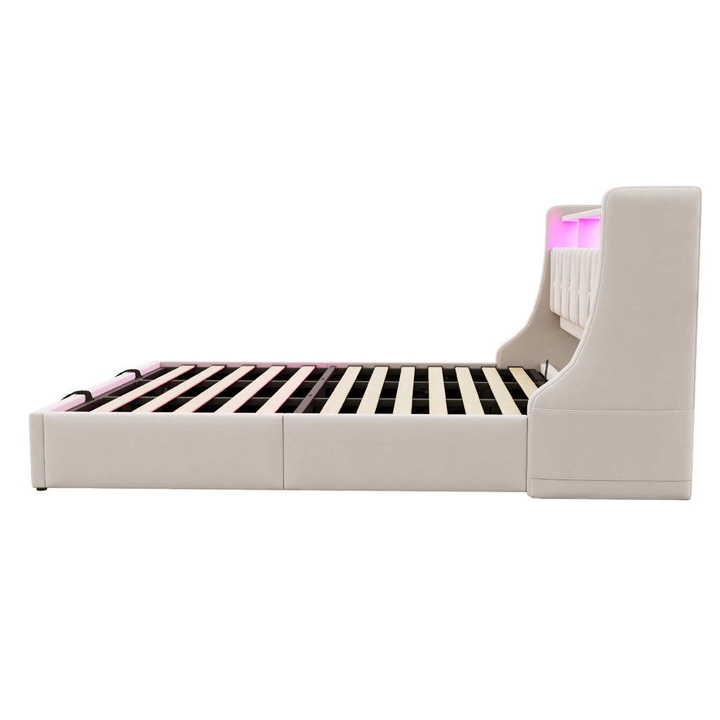 Letto contenitore 180 × 200 cm con testiera imbottita in velluto beige LED USB