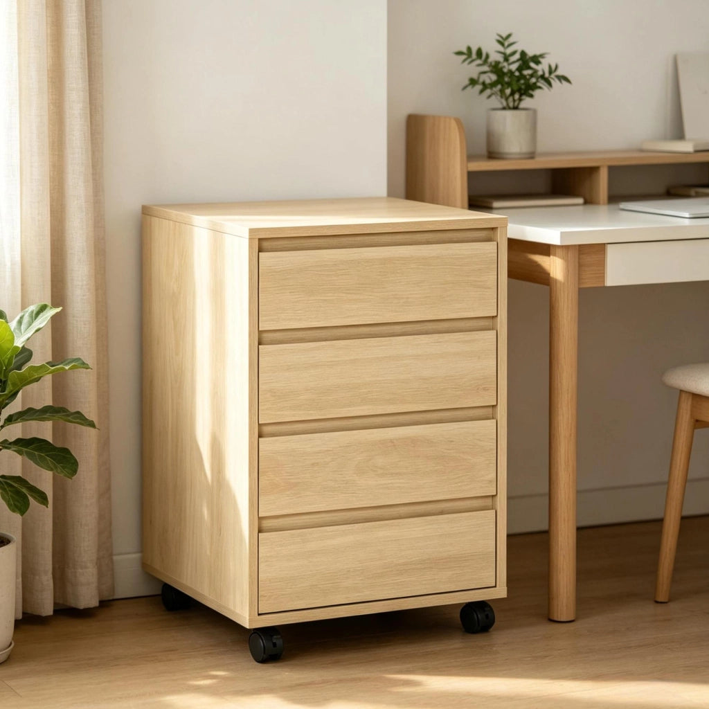 Mobile cassettiera in MDF naturale con 4 cassetti e ruote, 46x40x65 cm