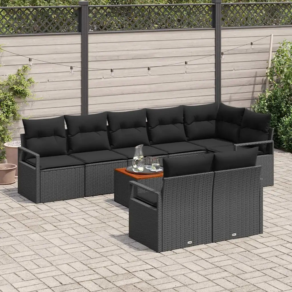 Set Divano da Giardino con cuscino 9 pcs Nero polyrattan