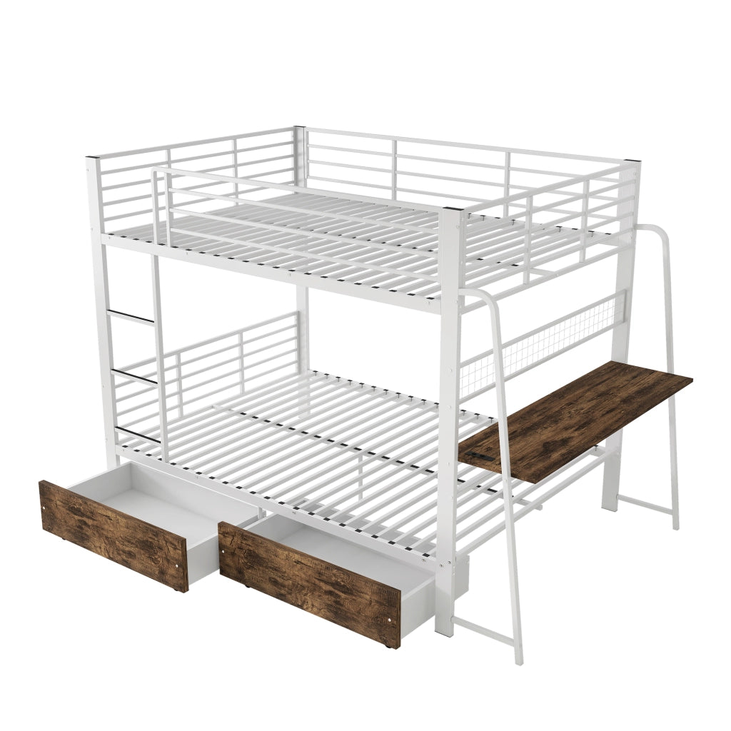 Letto a soppalco 140 × 200 cm con scrivania LED RGB prese USB Type-C 2 cassetti in metallo e MDF bianco opaco