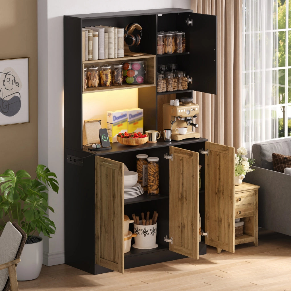 Mobile colonna cucina con LED RGB prese e ripiani regolabili MDF naturale e nero 100 × 40 × 180 cm