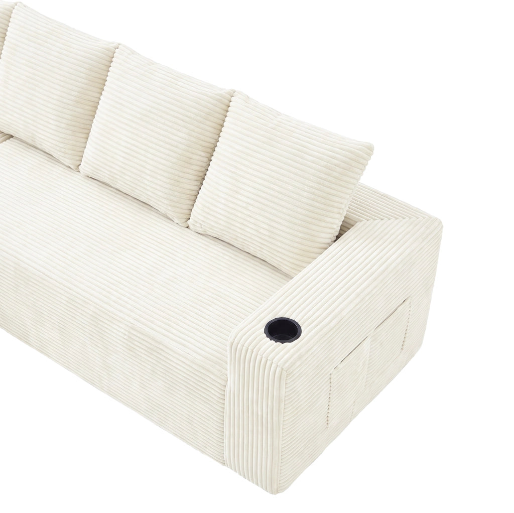 Divano modulare angolare con chaise longue reversibile; porta bicchieri e tasche; velluto a coste beige