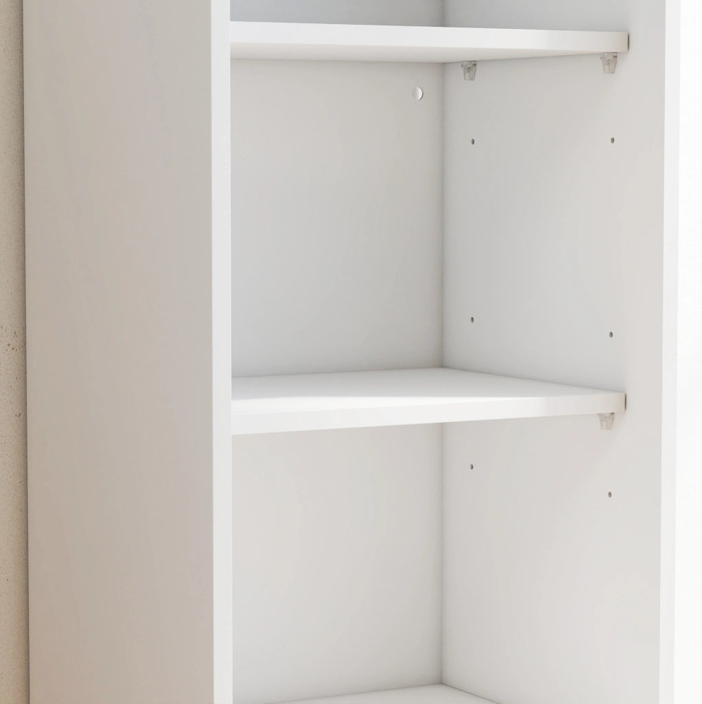 Vetrina moderna bianca con LED, 2 cassetti e ante in vetro, 165x40x35 cm, design con maniglie oro