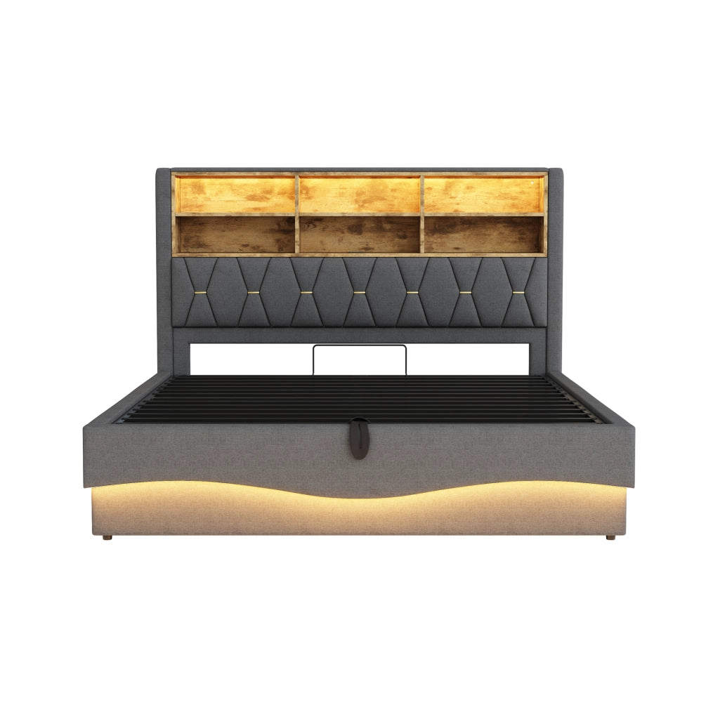 Letto imbottito 180x200 cm con contenitore idraulico, illuminazione LED controllata via app, rete a doghe in metallo, rivestimento in lino grigio