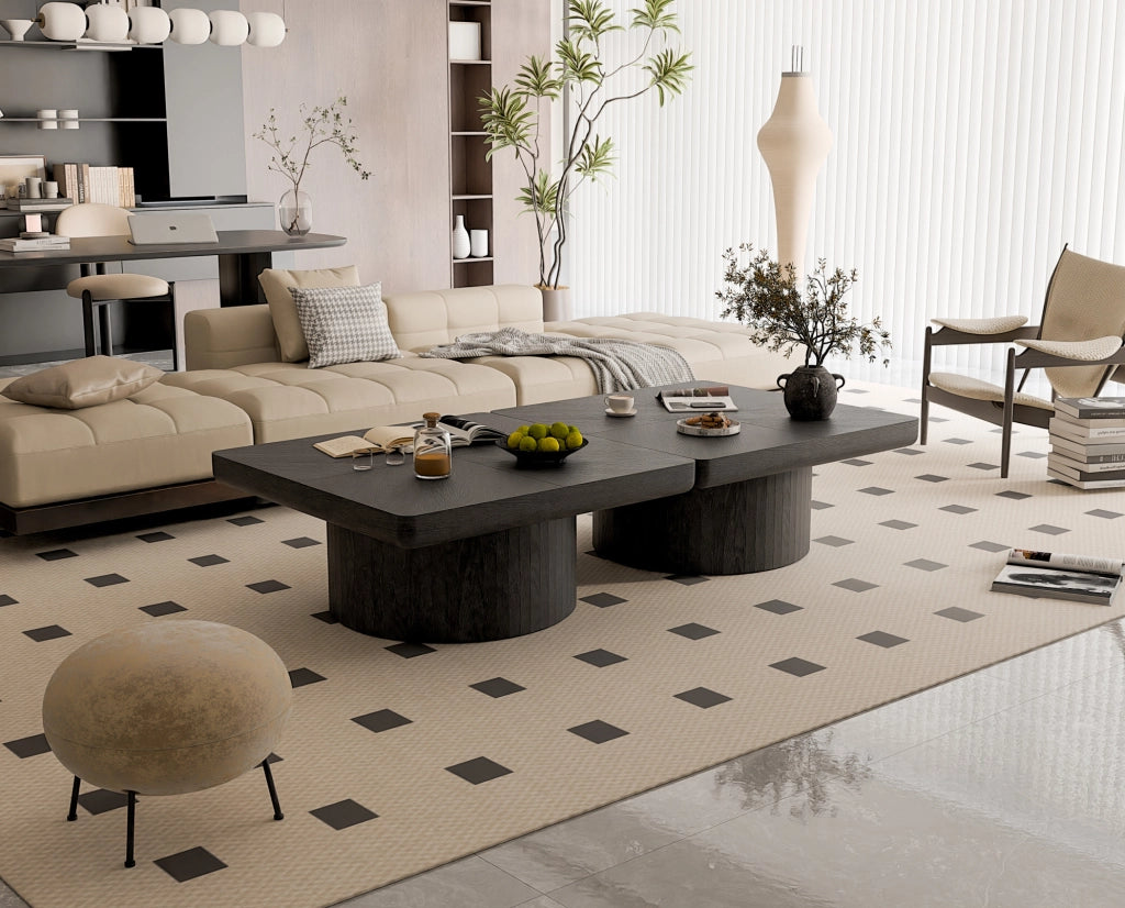 Tavolino Quadrato 78cm con Piano in Impiallacciatura a Parquet e Base Cilindrica Nero