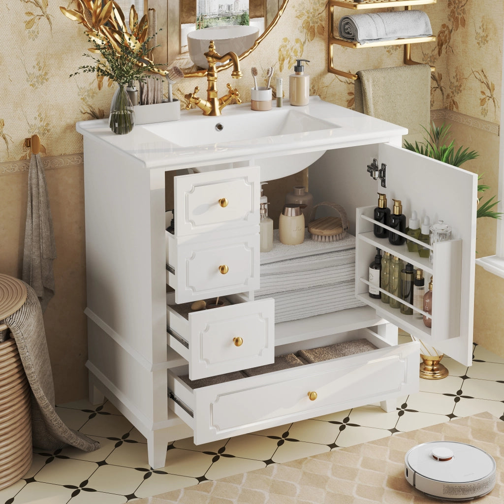 Mobiletto con lavabo in ceramica antibatterica 3 cassetti anta con ripiano MDF bianco 76.5 × 47 × 87.5 cm