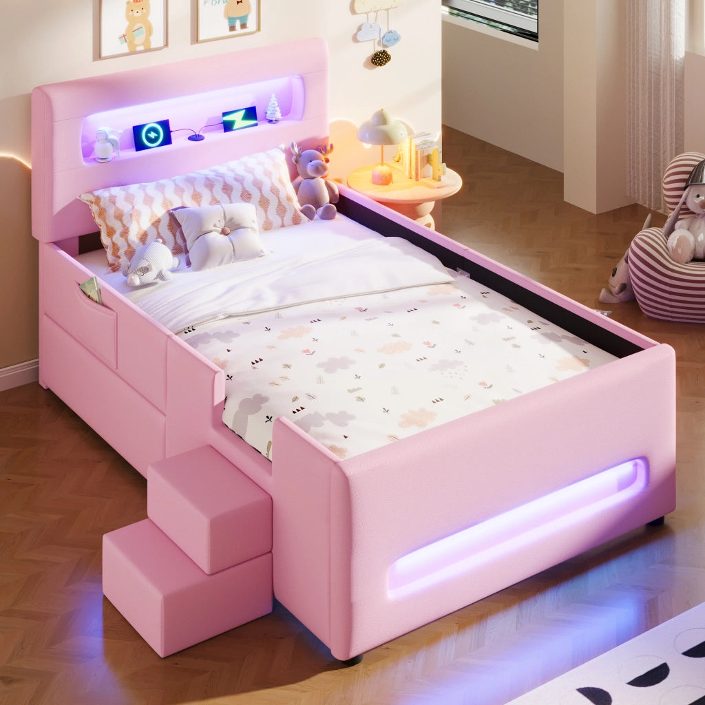 Letto Contenitore Imbottito 90x200 cm con Cassetti; LED; USB; Rosa