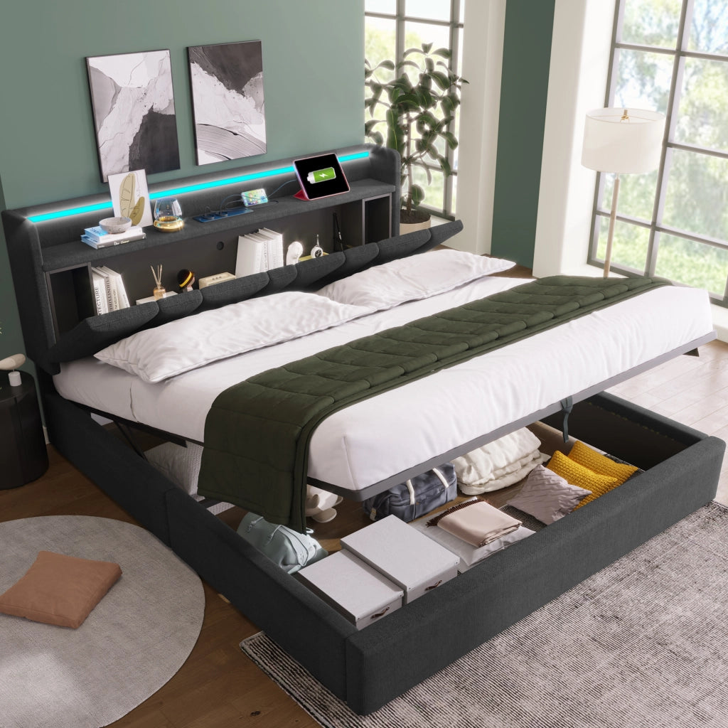 Letto Imbottito Contenitore con LED e USB ¨C Xylo ¨C Grigio 140x190 con Rete a Doghe