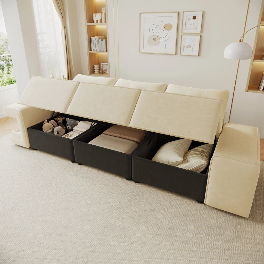 Divano modulare 3 posti con contenitori e nicchie per animali in velluto beige