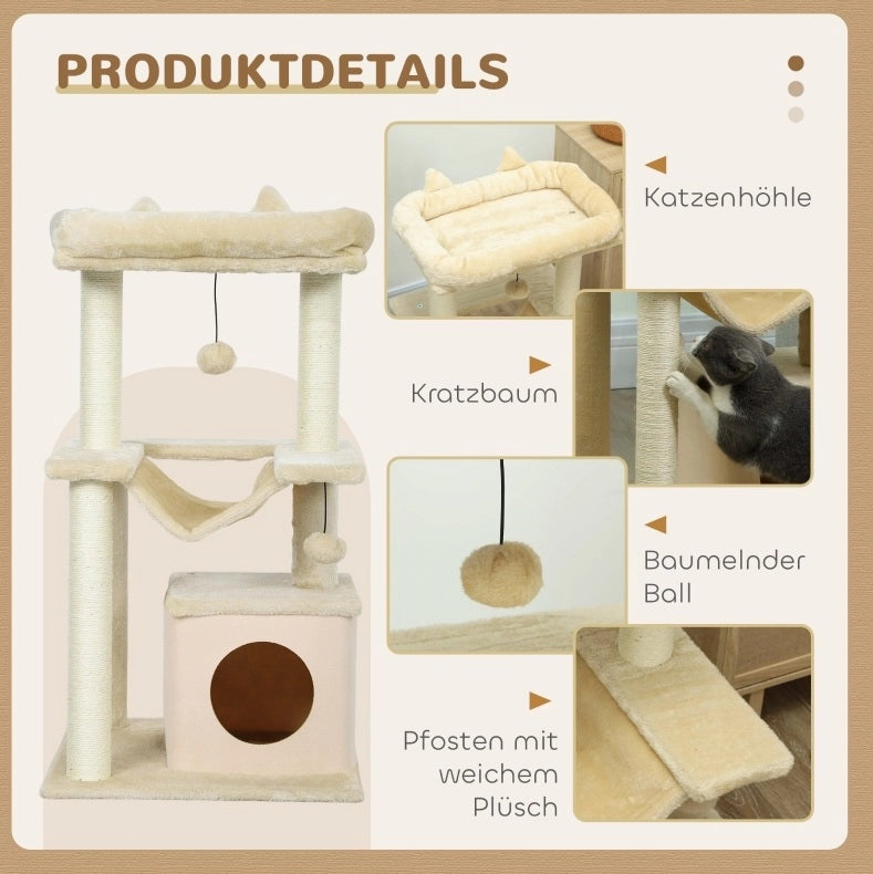Tiragraffi per gatti 90 cm con amaca e cuccia, crema