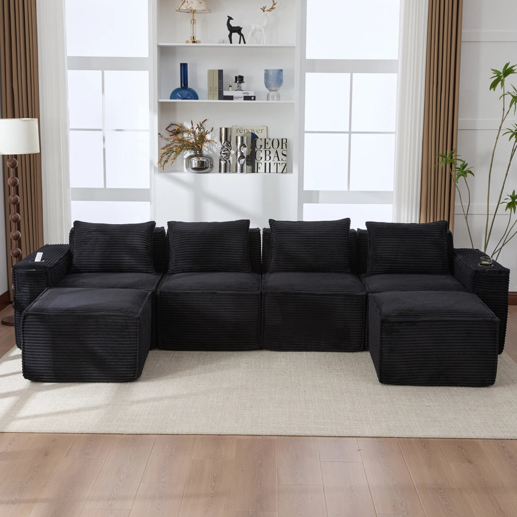 Divano modulare 4 posti con 2 pouf; portabevande e tasche in velluto a coste nero
