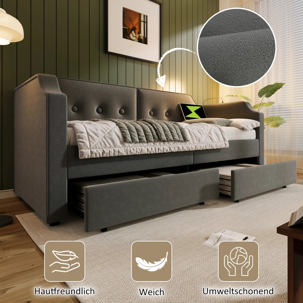 Letto con cassetti 90 × 200 cm con 2 cassetti; luce da lettura USB e Type-C; velluto grigio con rete
