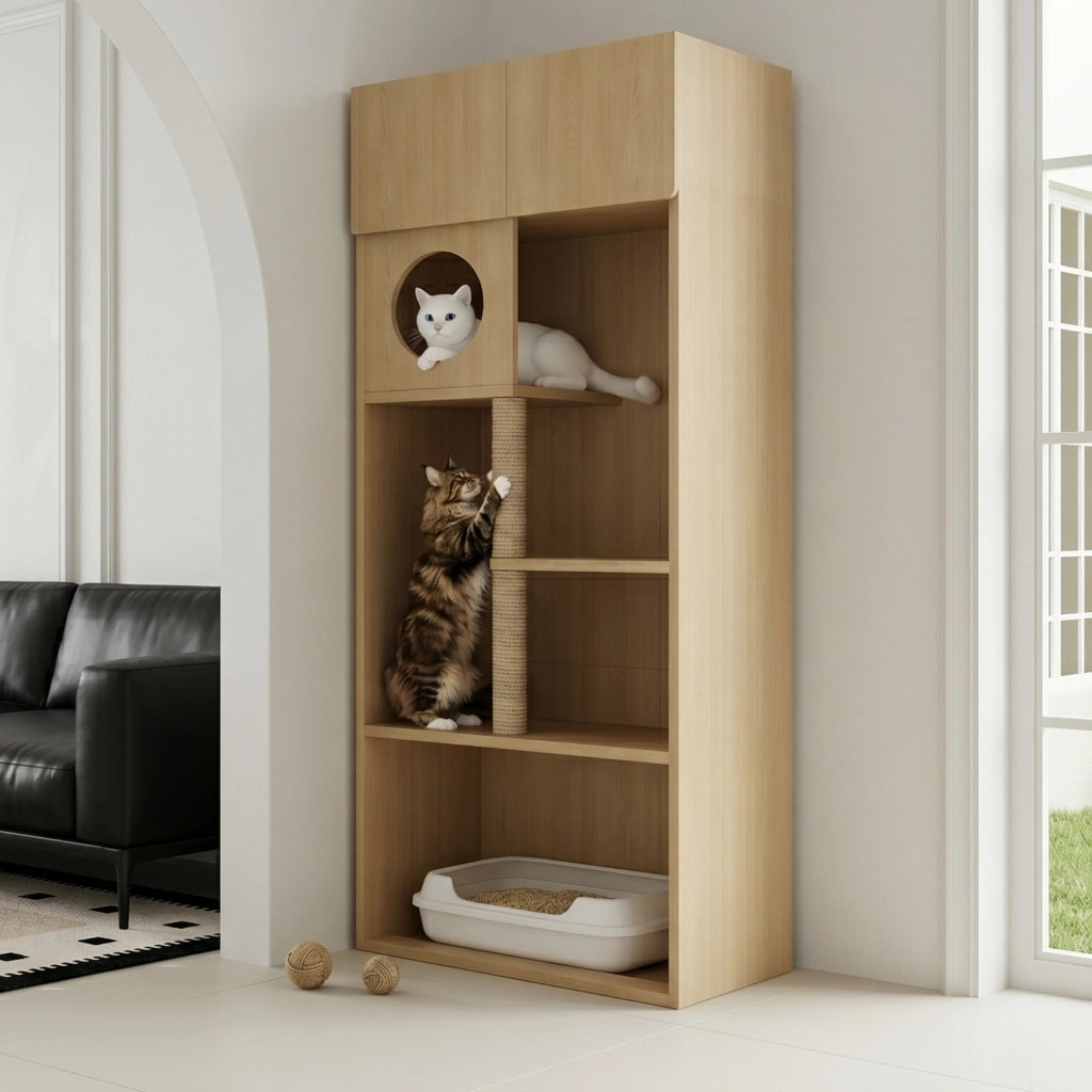 Mobile per gatti nascosto con tiragraffi in sisal, nicchia e armadio, per interni, in MDF naturale, 80 × 45 × 193 cm