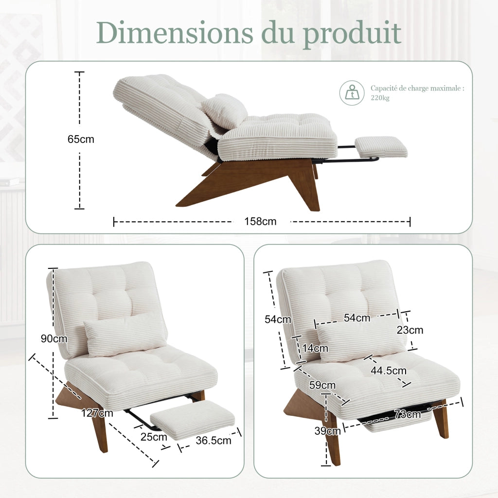 OKWISH Poltrona Relax con Schienale Regolabile, Poggiapiedi Integrato e Cuscino Lombare, Velluto a Coste, Beige