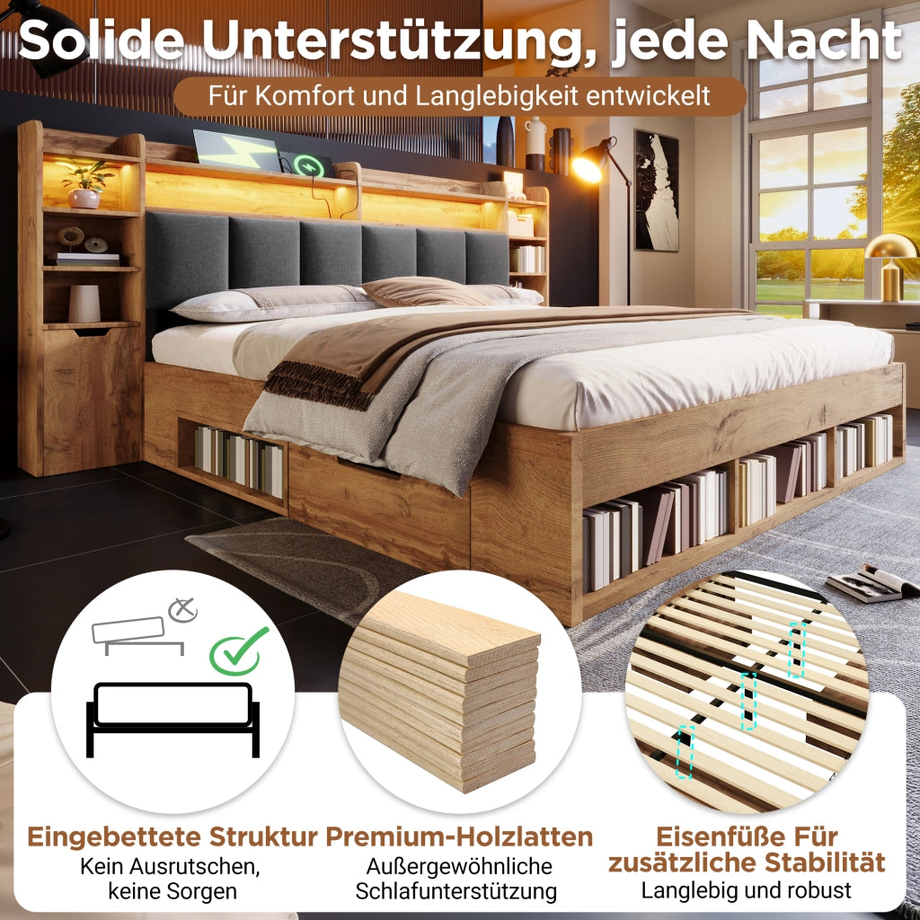 Letto Matrimoniale 180x200 cm Contenitore; LED; USB; Type-C in Legno; Rovere
