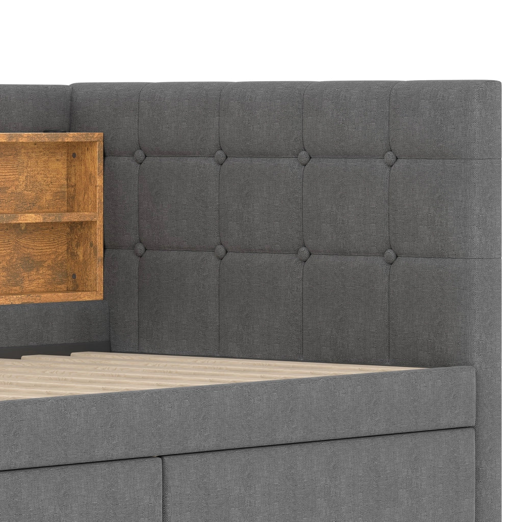 Letto singolo 90x200 cm grigio con 2 cassetti, USB, Type-C e ripiani
