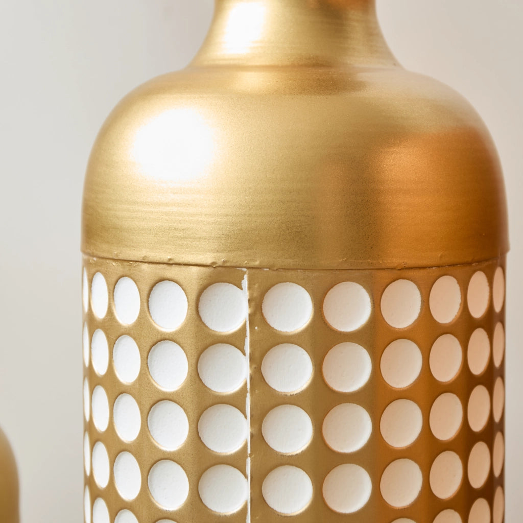 Set di vasi da pavimento 3 pezzi in metallo bronzo antico e bianco a pois per decorazioni interne ed esterne protette