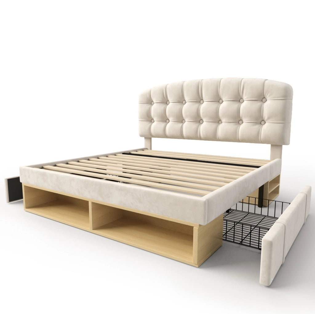 Letto matrimoniale 140x190 cm in velluto beige con testiera regolabile, vani e cassetti