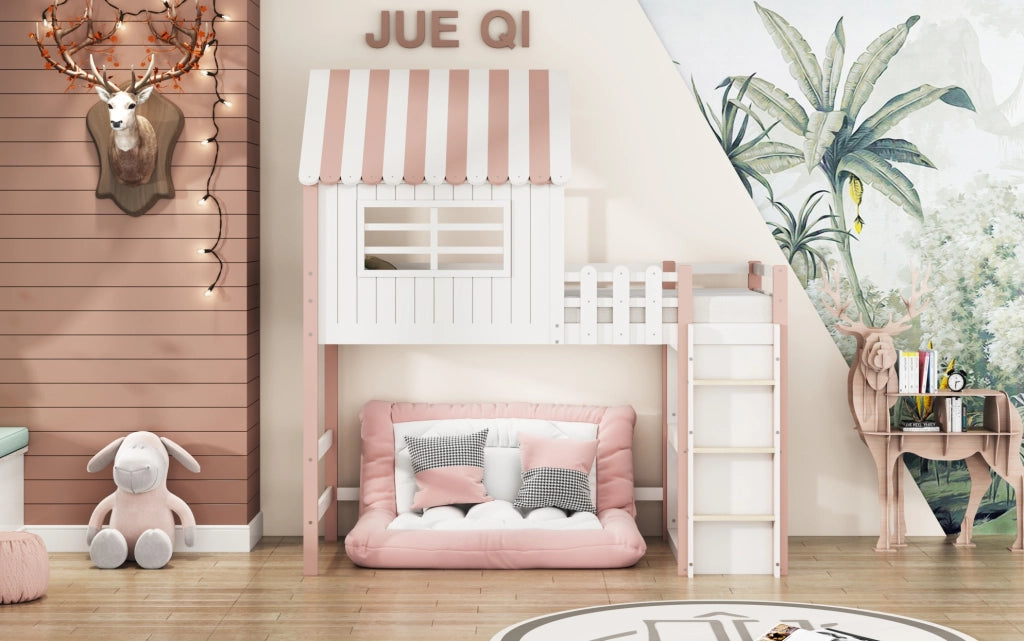Letto per bambini 90x200 cm in legno massiccio con soppalco e scala di sicurezza rosa