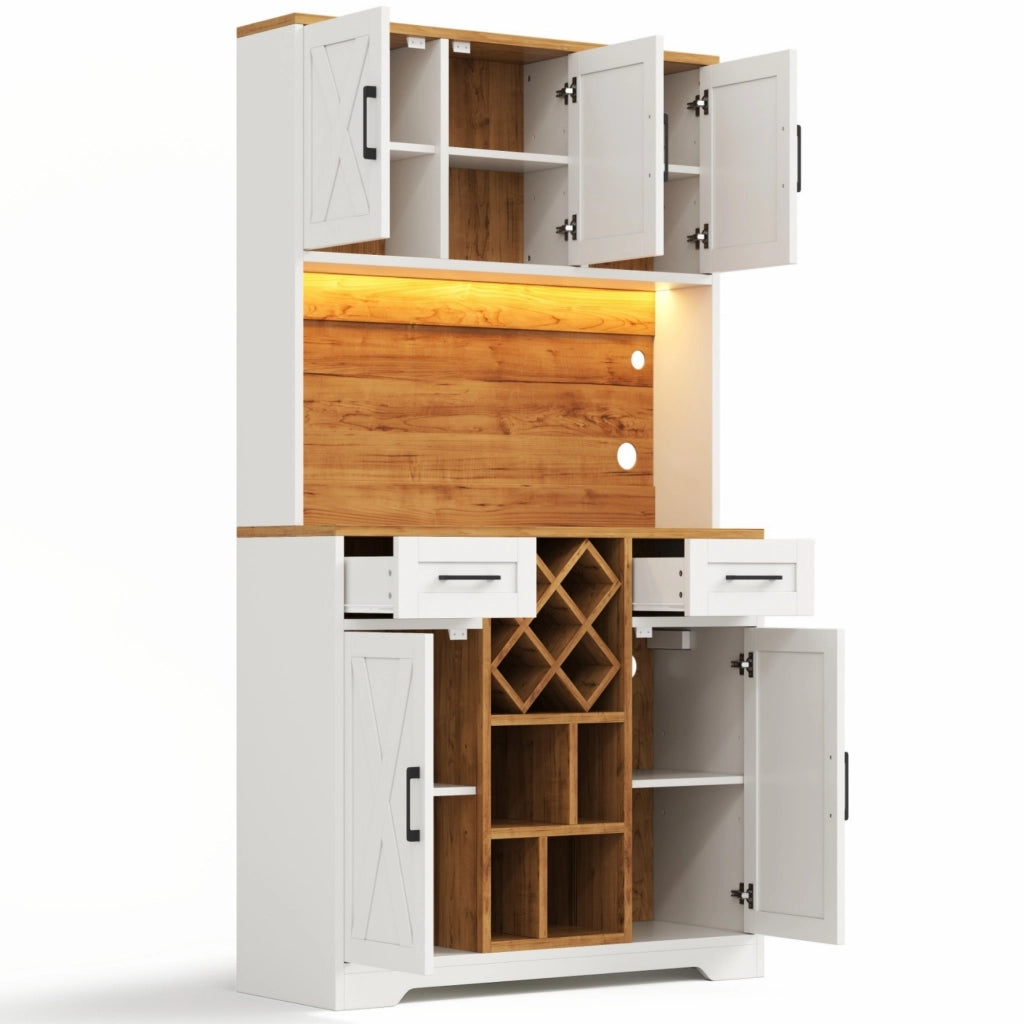 Credenza da cucina LED con 2 cassetti, portabottiglie e prese, in MDF naturale e bianco, 105 × 40 × 180 cm