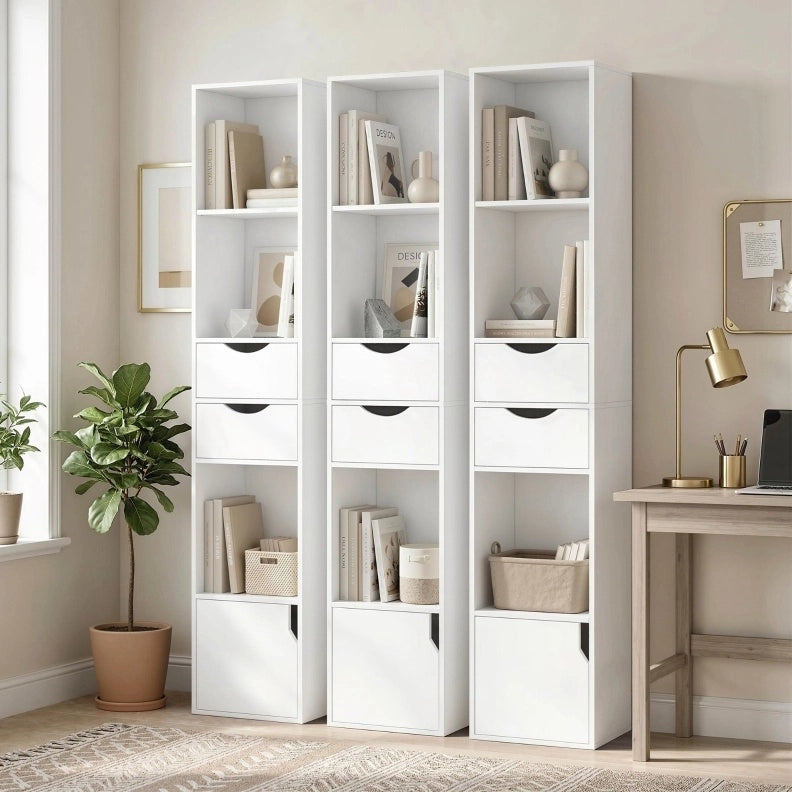 Libreria sottile bianca con 2 cassetti e 3 ripiani aperti 30x24x158 cm per ufficio e camera da letto