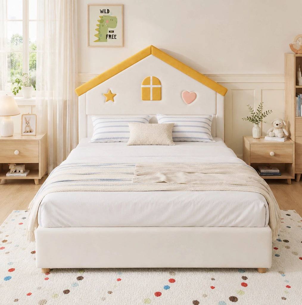 Letto per bambini 140x200 cm con struttura a casa, imbottito in velluto beige, con 4 cassetti contenitori