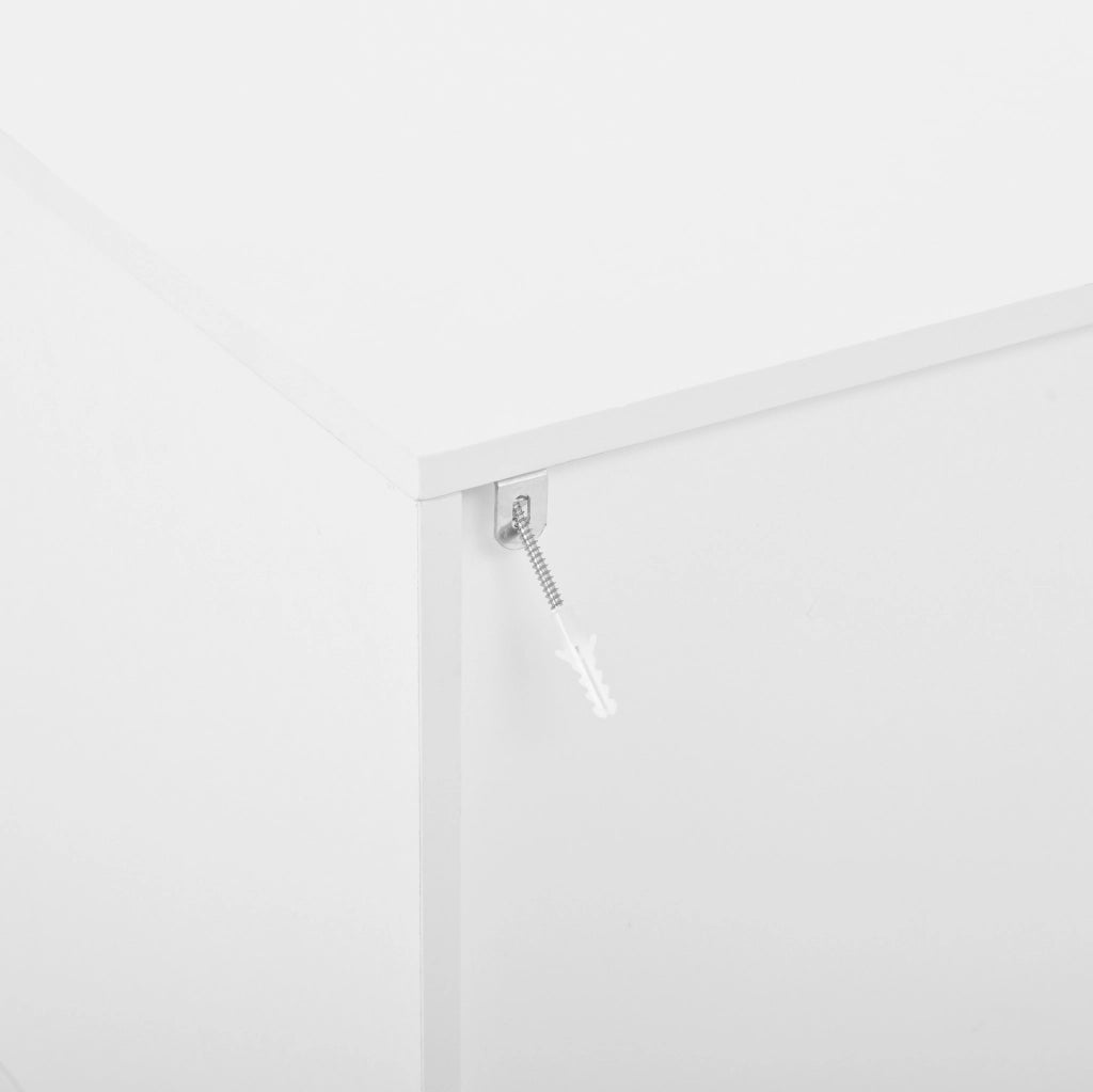 Mobile TV bianco con quattro ante arcuate, due cassetti e piedi in acciaio, 180x40x48 cm