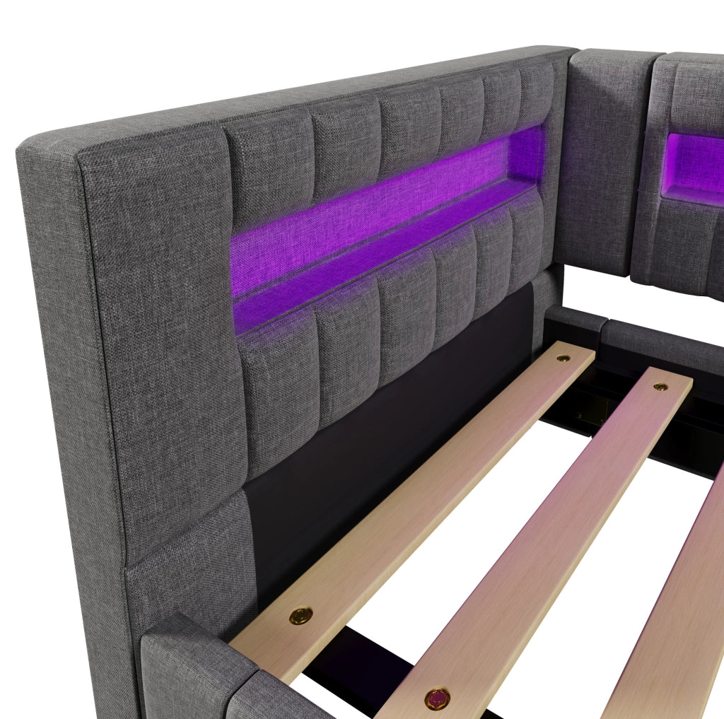 Daybett 90x200 cm in Leinen und MDF mit LED-Lichtleiste, hydraulischem Stauraum, USB + Type-C, Grau