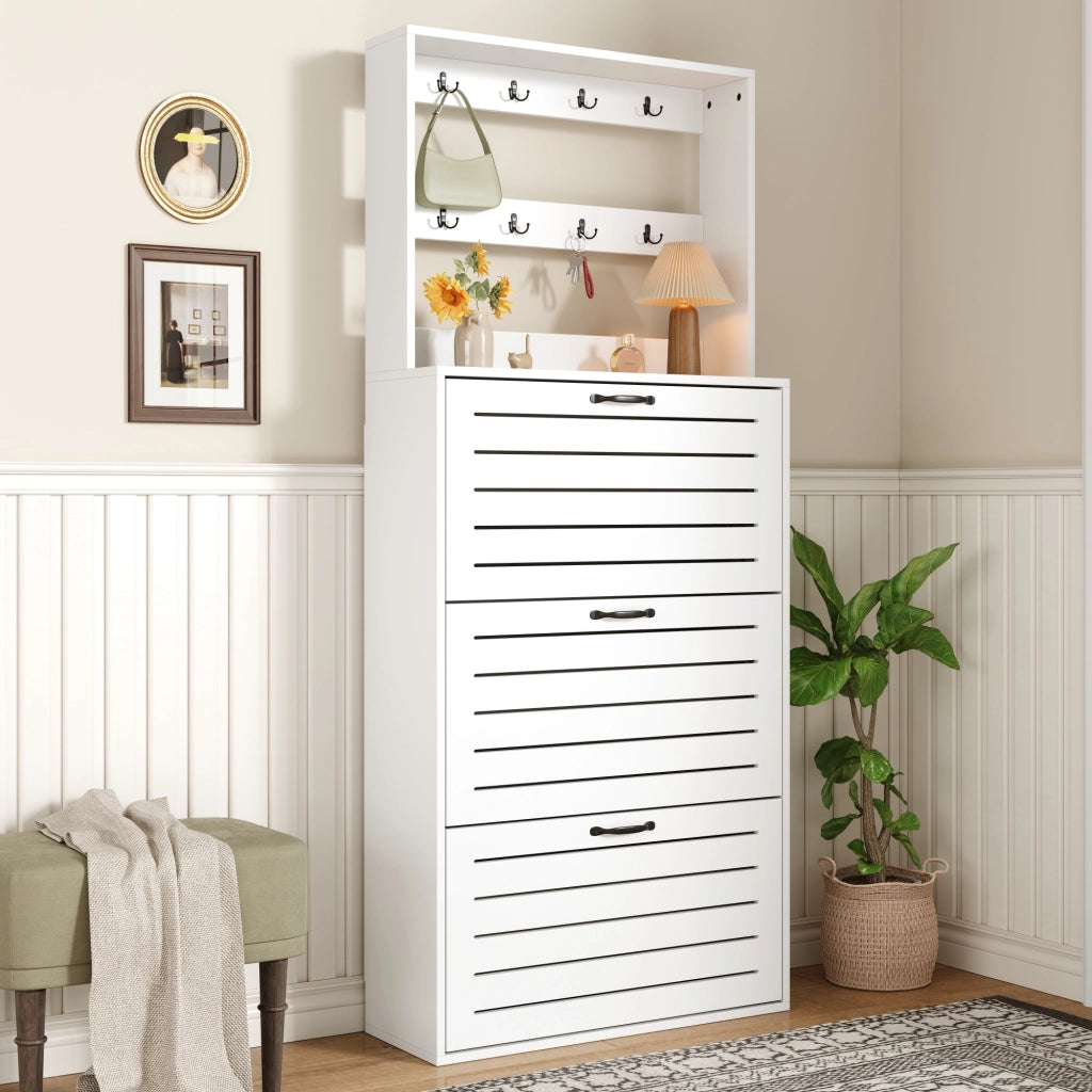 Scarpiera con 3 ripiani e 8 ganci per accessori, per ingresso e camera da letto, in truciolare bianco, 70 × 25 × 165 cm