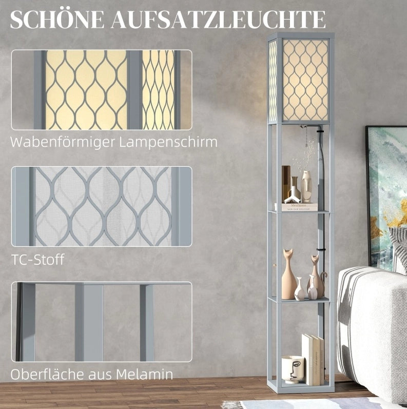 Lampada da terra con 3 ripiani, MDF grigio chiaro, dimensioni compatte 26x26x160 cm
