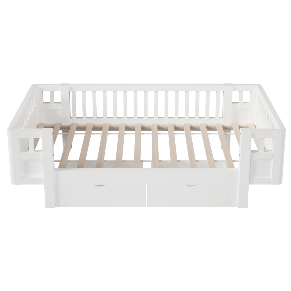 Letto per bambini 90 × 200 cm con barriera alta e 2 cassetti estraibili, senza materasso, in legno massello e MDF bianco