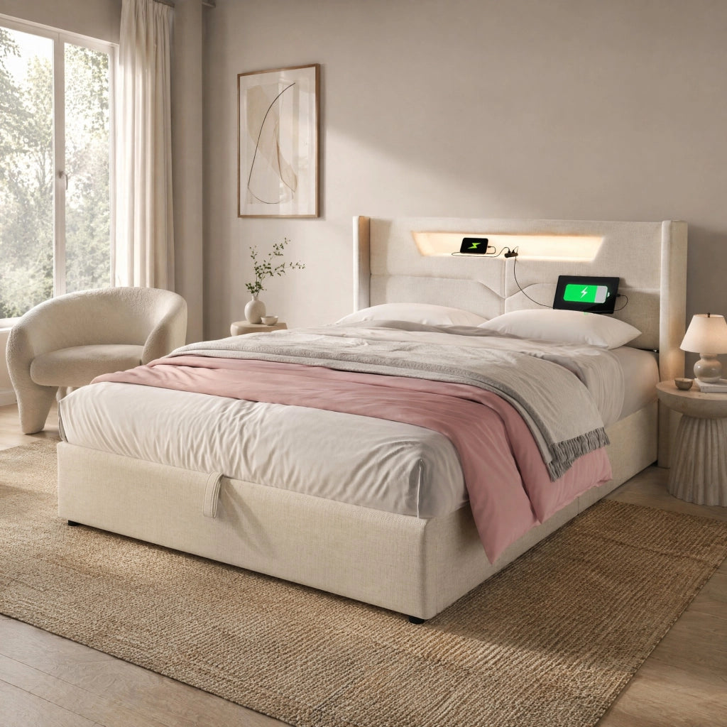 Letto contenitore 140x200 beige in lino con LED, USB e Type-C