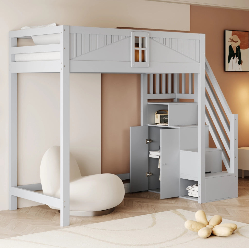 Letto a soppalco in legno massiccio 90x200 cm con scala laterale reversibile e pannello di sicurezza con finestra, colore grigio