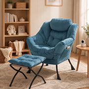 Sedia relax con poggiapiedi e tasca laterale, poltrona lounge imbottita blu, struttura in metallo