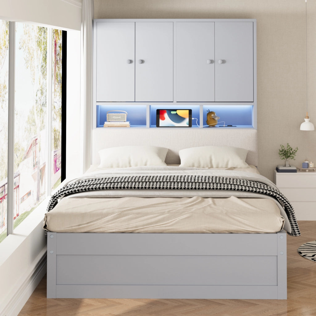 Letto singolo 90 × 200 cm con contenitore testiera imbottita luci led e presa in legno grigio