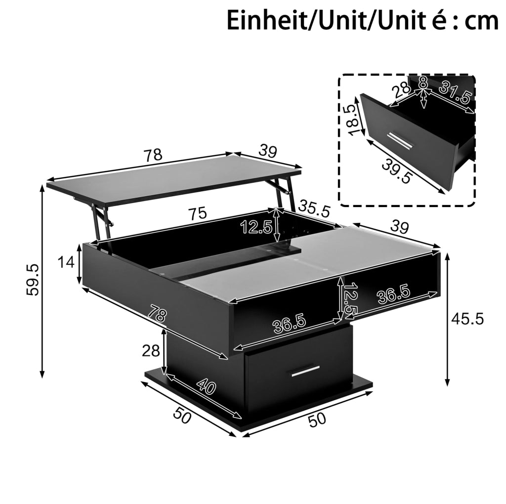Tavolino da caffè 78x78x45.5/59.5 cm; sollevabile con LED e vano contenitore; truciolare; nero